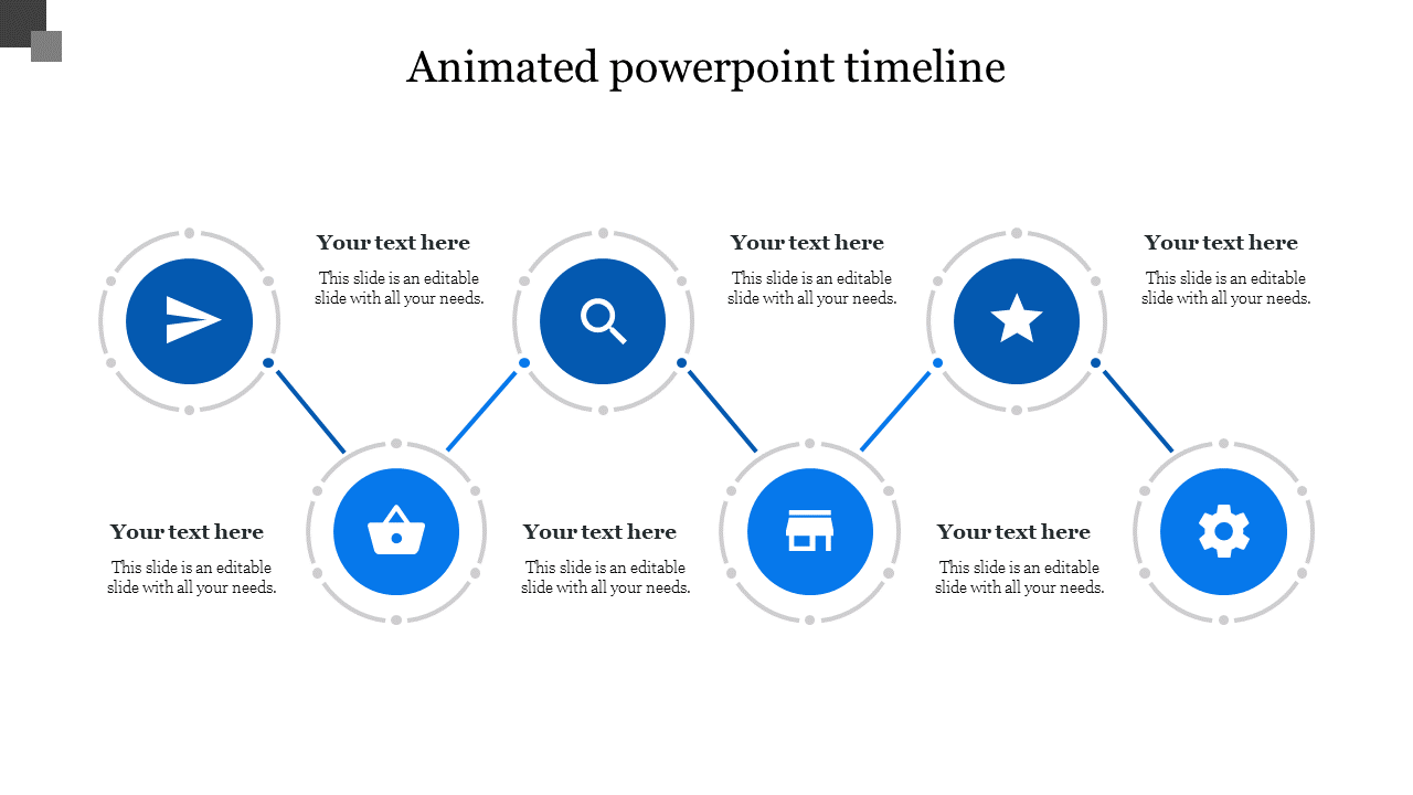 Animated timeline PPT template with six circular icons connected by blue lines with placeholder text on a white backdrop.