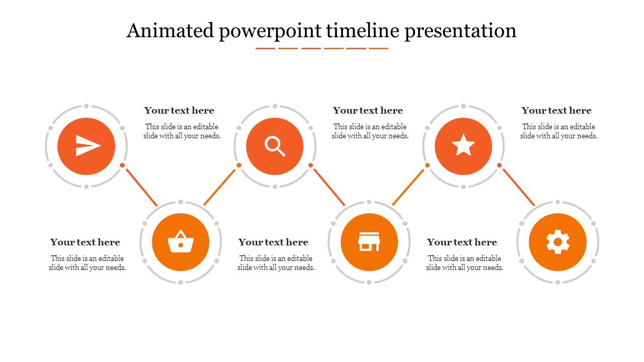 Animated timeline PPT template with six circular icons connected by orange lines with placeholder text on a white backdrop.