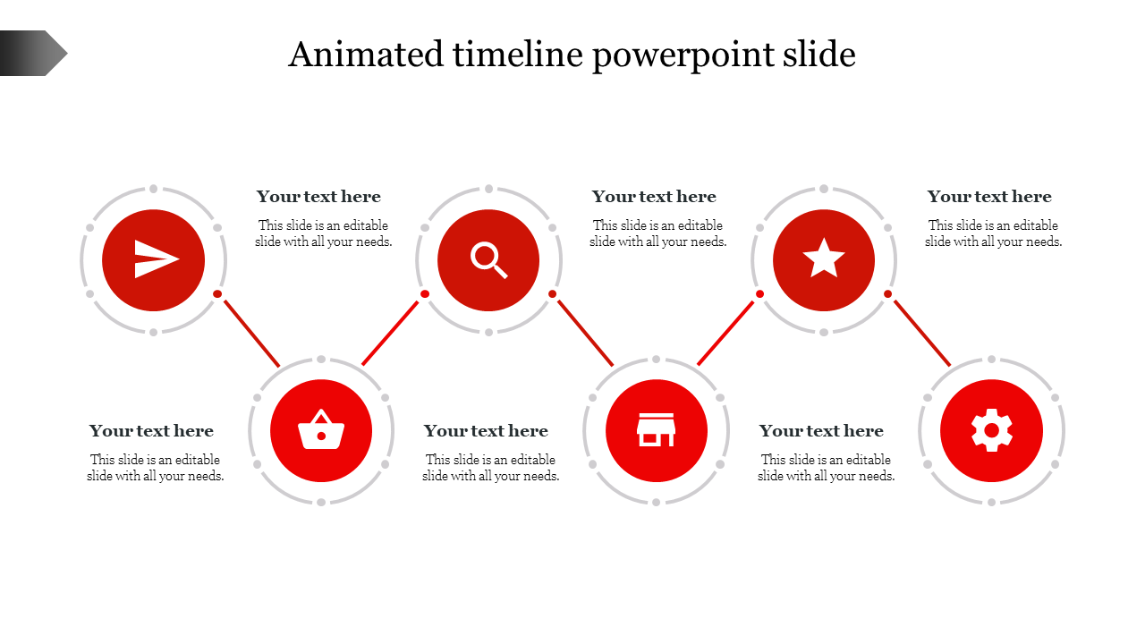 Visual timeline template featuring four red milestones, each with icons and text placeholders.