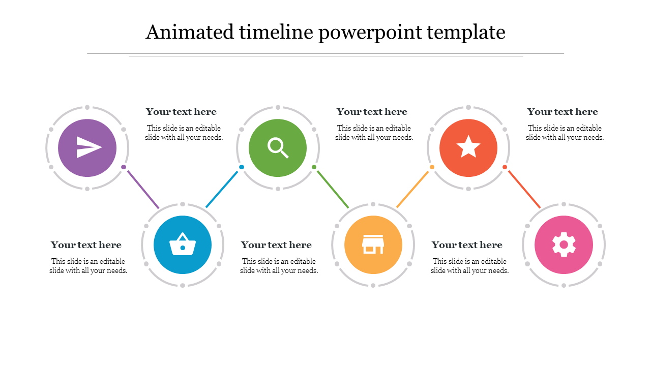 Animated timeline PowerPoint template with colorful icons and text fields on a white backdrop.