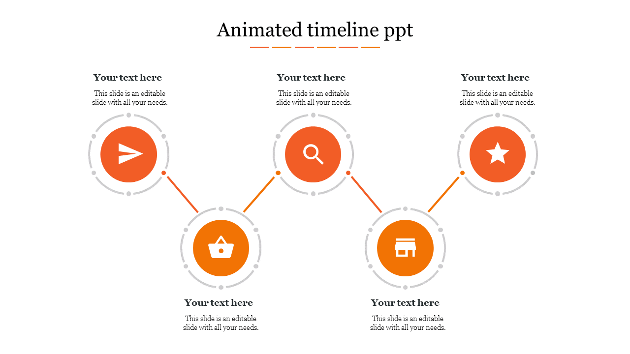 Animated timeline design featuring five orange circles, connected by lines, with icons and text placeholders.