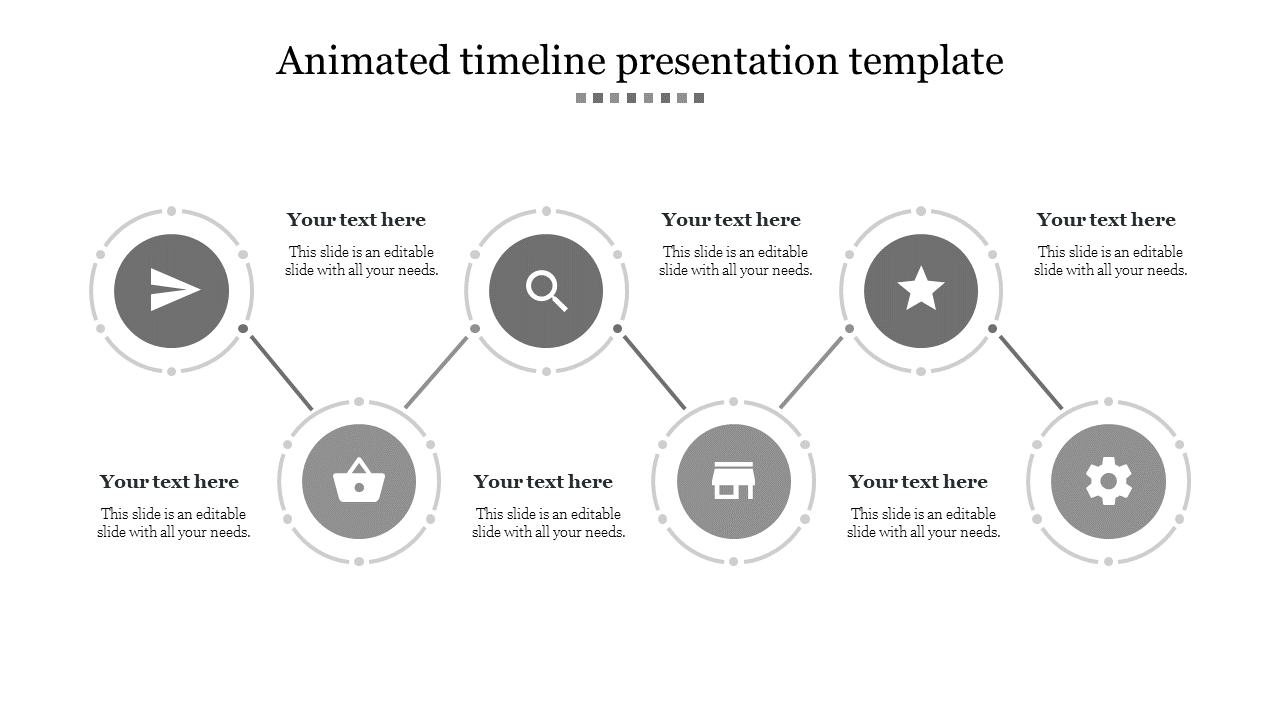 Animated timeline presentation template with interconnected circular grey icons with placeholder text on a white backdrop.