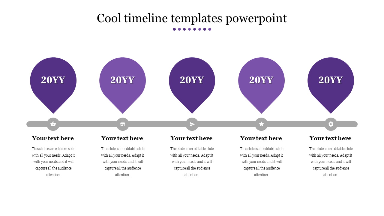 Cool timeline slide featuring purple markers for each year and placeholder text.