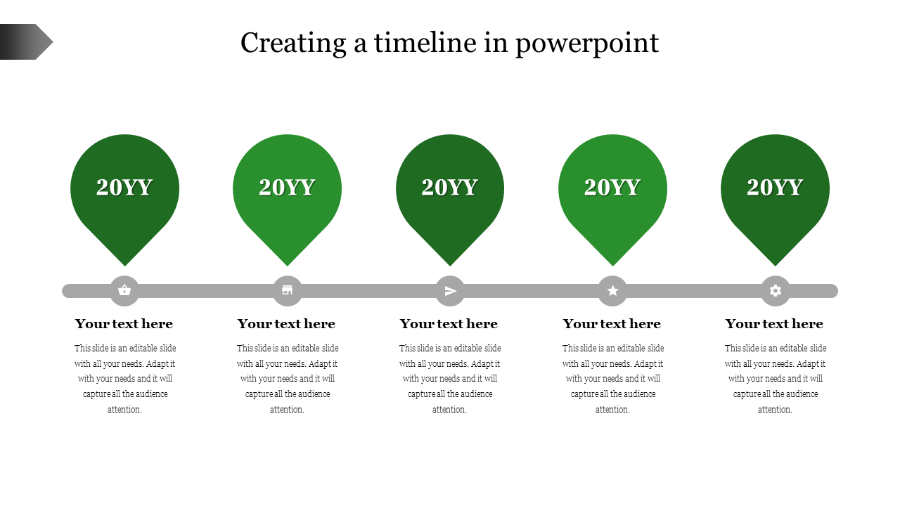 Horizontal timeline with five green markers in a teardrop shape, each representing a year 20YY, with text below.