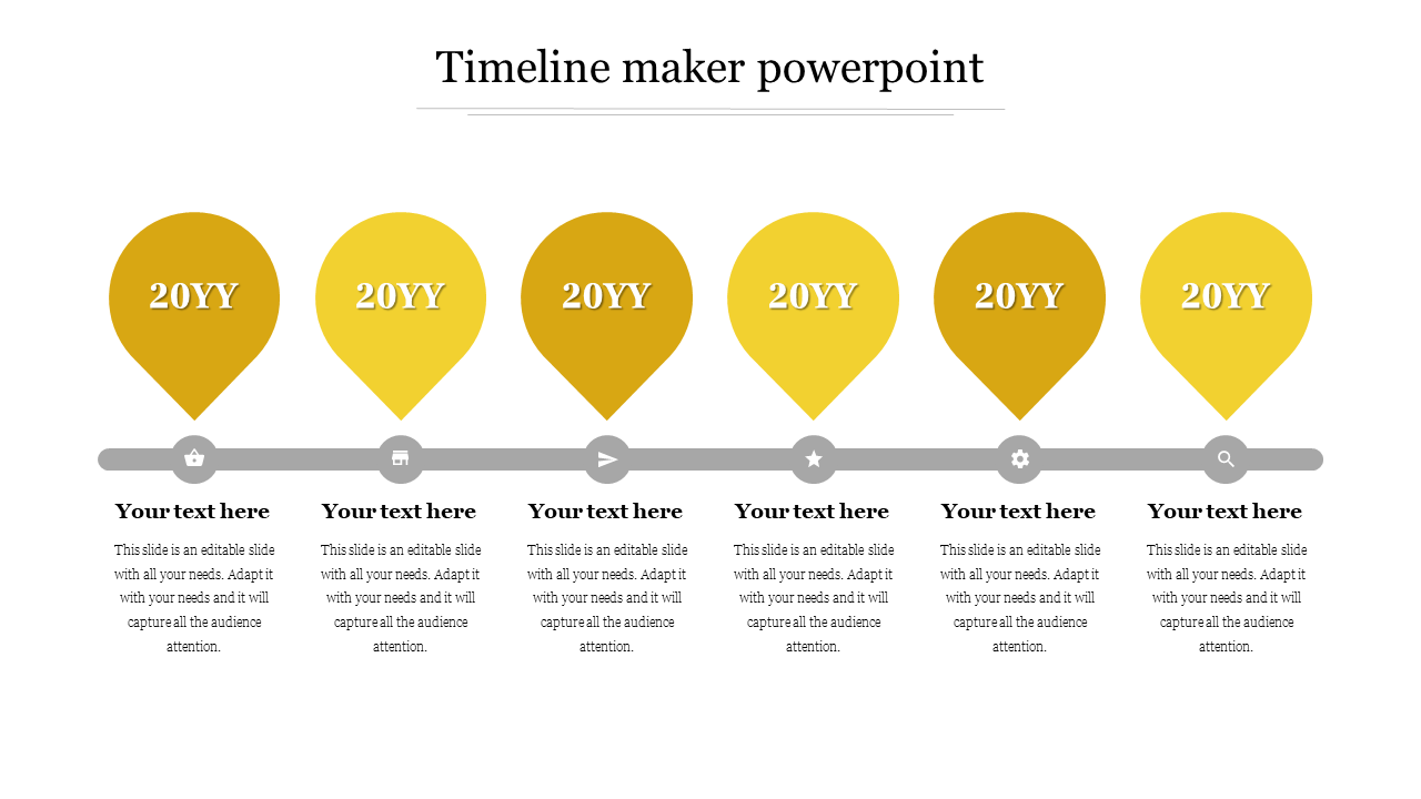 Timeline PowerPoint template with six yellow location markers with icons along a horizontal timeline with placeholder text.