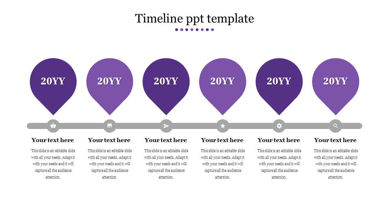 Purple themed timeline slide featuring year markers in a balloon shape and space for text.