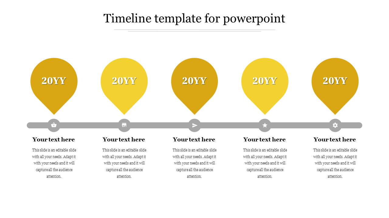 Timeline PowerPoint template with five yellow location markers along a horizontal gray timeline, each labeled 20YY with text.