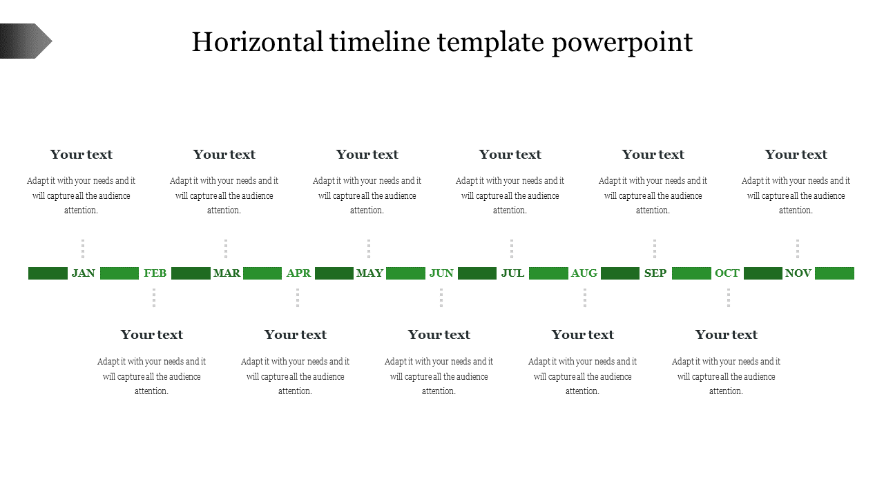 A horizontal timeline slide displaying monthly markers from january to november with placeholder text.