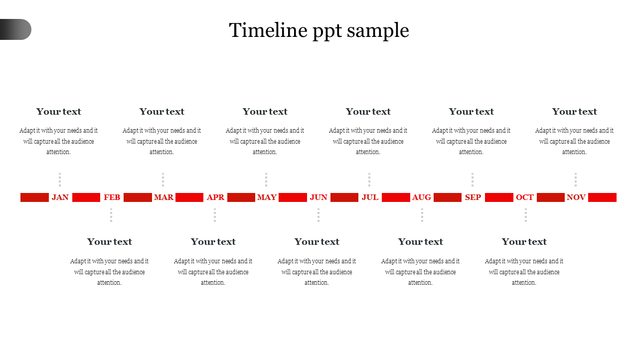 Timeline slide with red boxes representing months January to November, each associated with text fields.