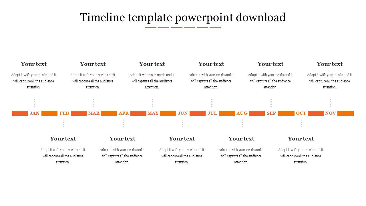 Microsoft timeline PowerPoint template with a 12 month orange layout, featuring text placeholders above and below.