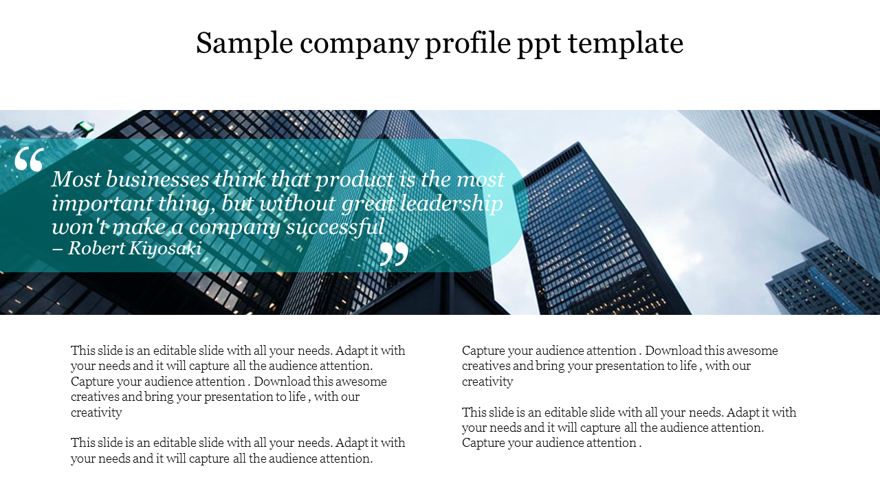 Professional company profile PowerPoint template featuring a business quote over a city skyscraper background.