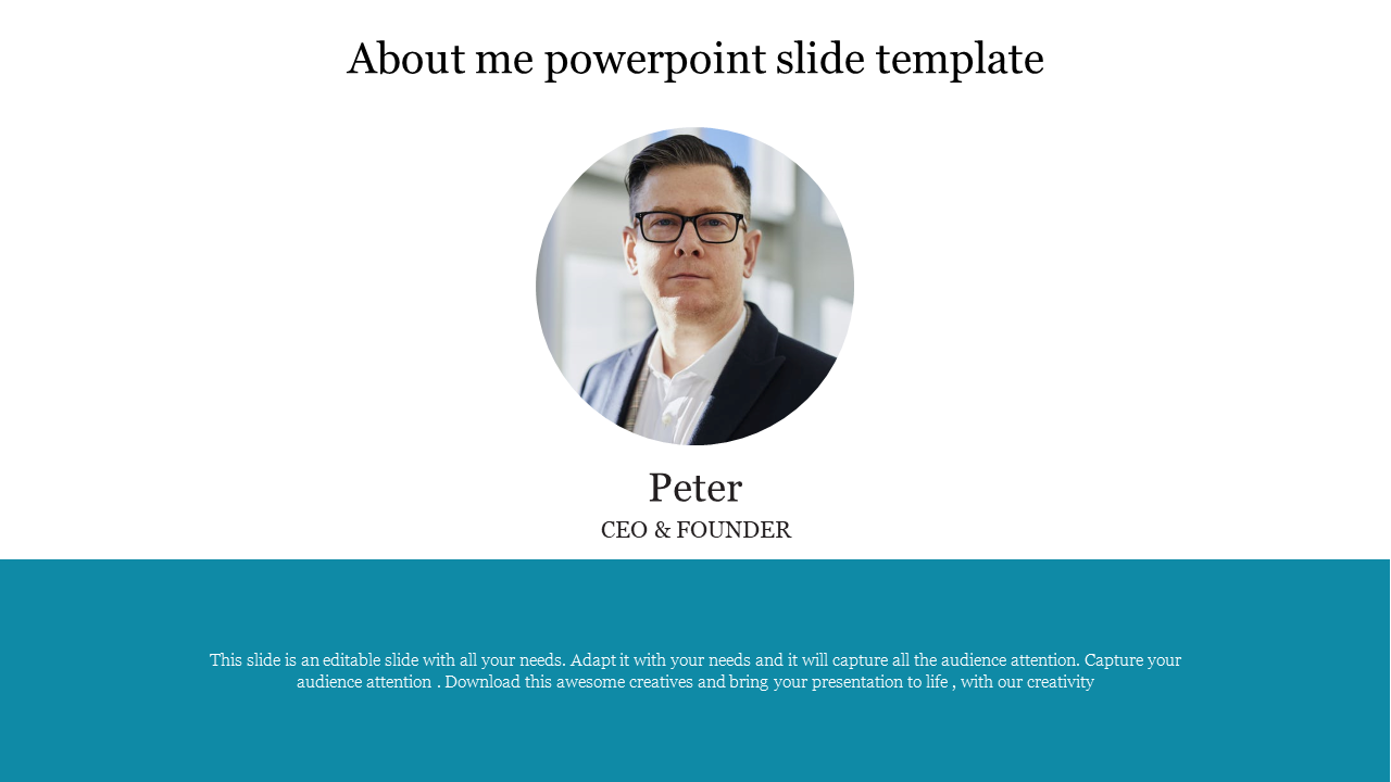 About Me PowerPoint slide featuring a circular profile photo, name, title, and a brief description.