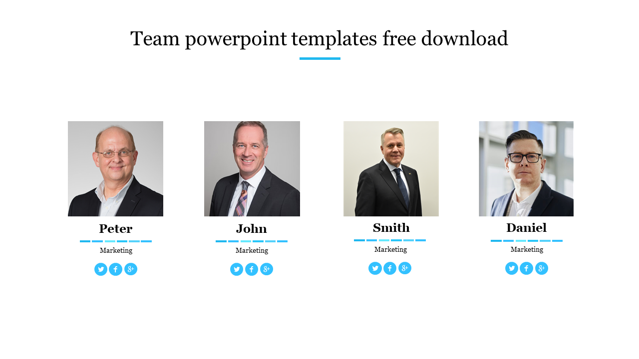 Professional team PPT template displaying four marketing professionals with profile photos and social media icons.