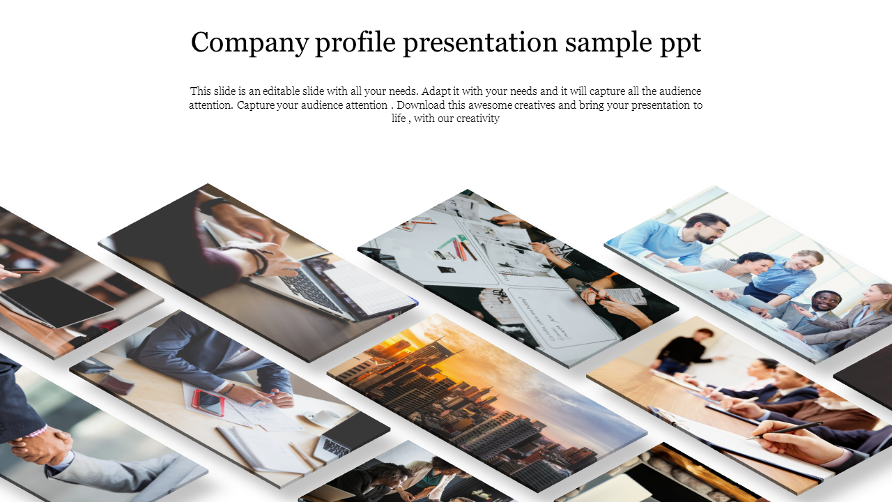 Company profile presentation with angled floating image tiles of business meetings, teamwork, and office scenes.