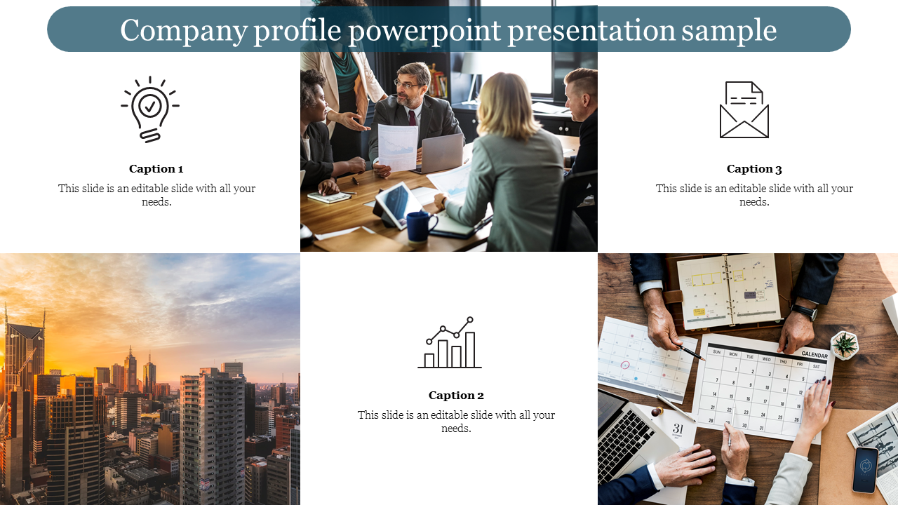 Corporate PowerPoint template with a company profile layout featuring business images and infographic icons.