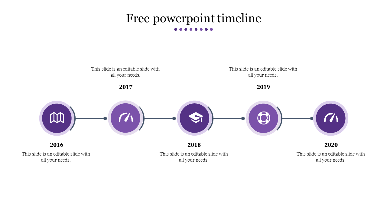 Purple themed timeline with circular icons for year 2016 to 2020, showing different milestones with descriptions.