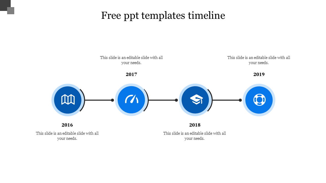 Blue themed timeline PowerPoint template with icons from 2016 to 2019 and placeholder text on a white backdrop.