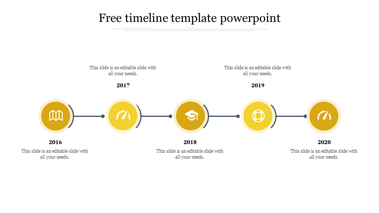 Timeline PPT slide with years from 2016 to 2020, featuring yellow circular icons and placeholder text on a white backdrop.