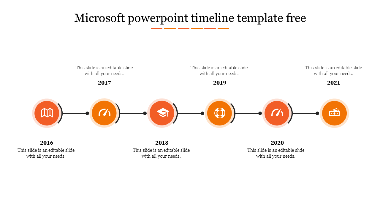 Horizontal timeline with six circular orange nodes, each connected by a thin line, featuring minimalist icons.