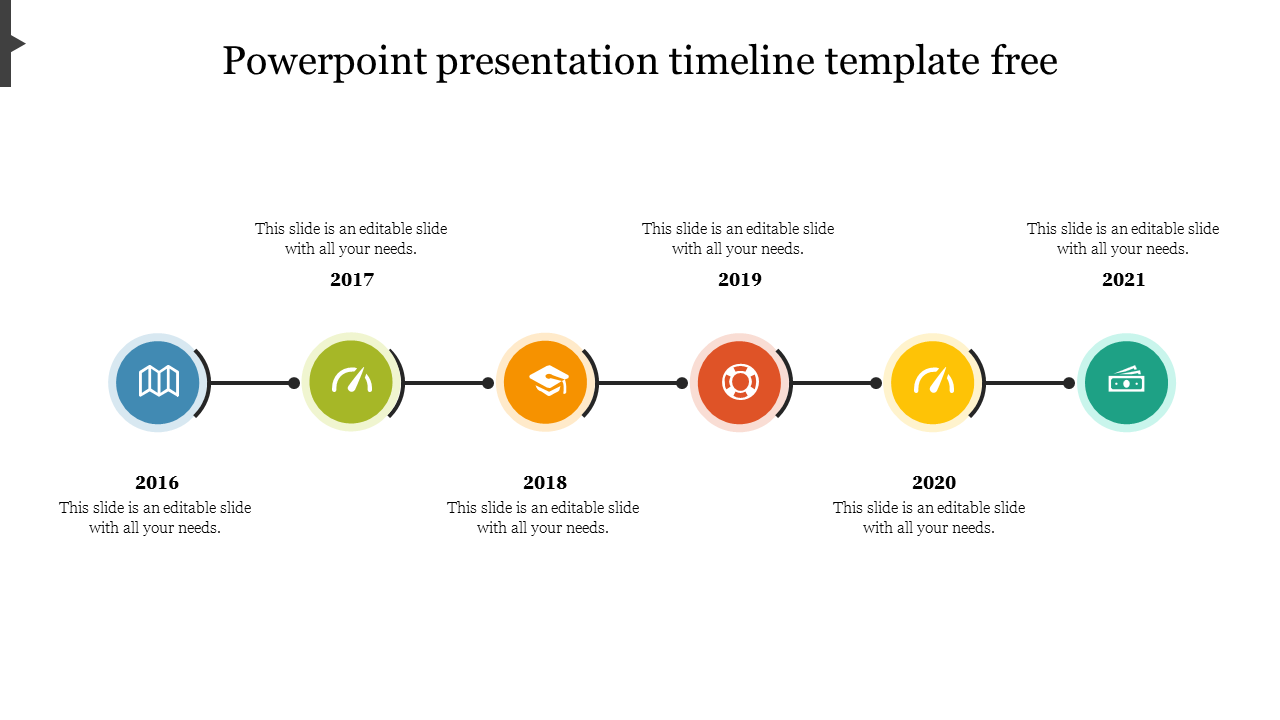 Horizontal timeline with six circular icons in blue, green, orange, red, yellow, and teal, for year from 2016 to 2021.