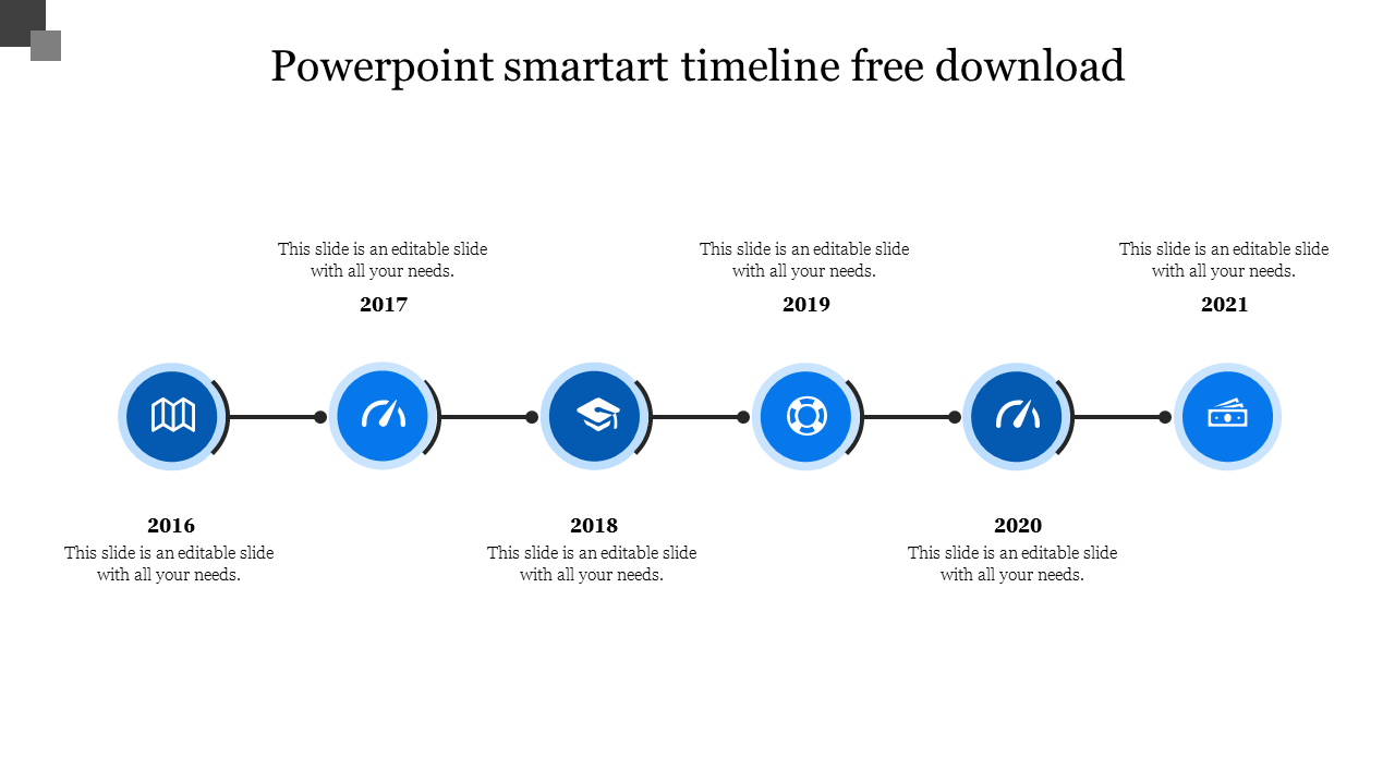 Timeline with blue circular icons for year from 2016 to 2021 connected by a horizontal line.