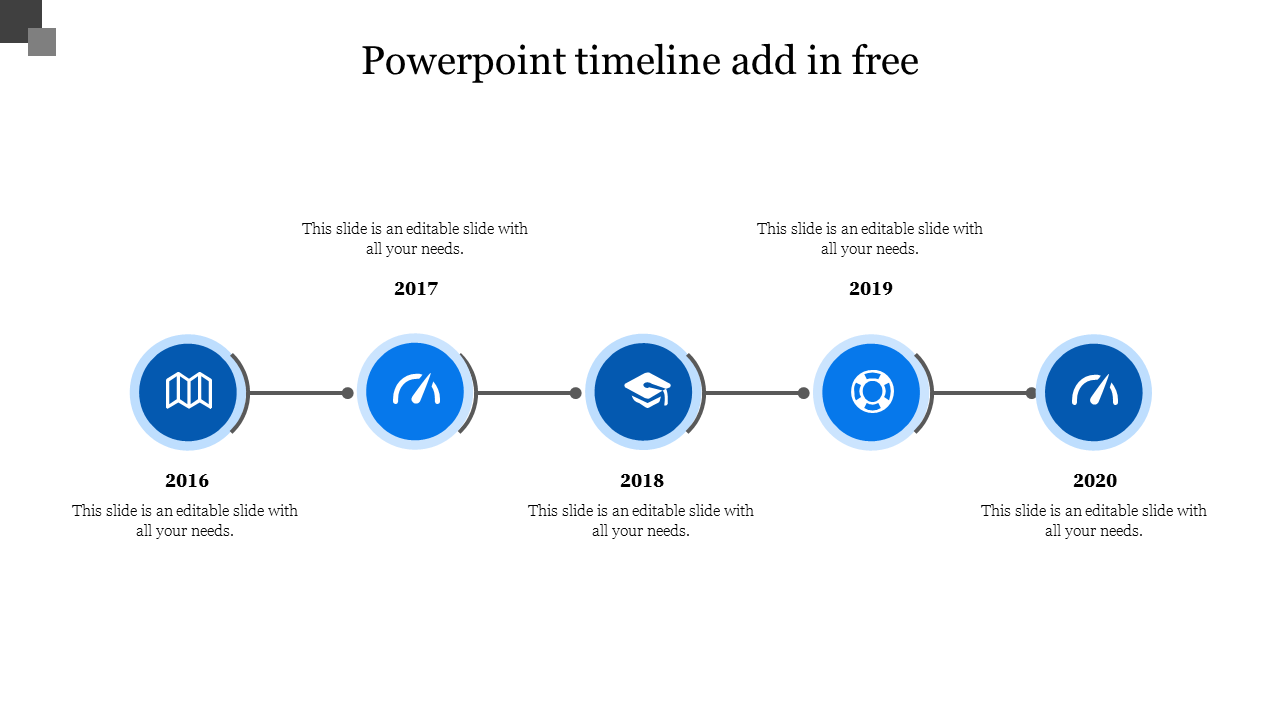 Timeline featuring blue circular icons for each year from 2016 to 2020, each with a unique icon and text section.