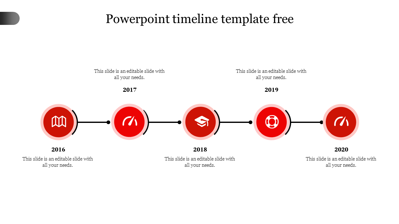 Timeline PPT slide with years from 2016 to 2020, featuring red circular icons and placeholder text on a white backdrop.