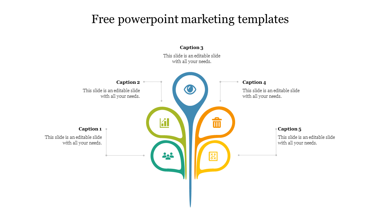 Marketing PowerPoint slide featuring a creative tree diagram with five sections and business icons with captions.