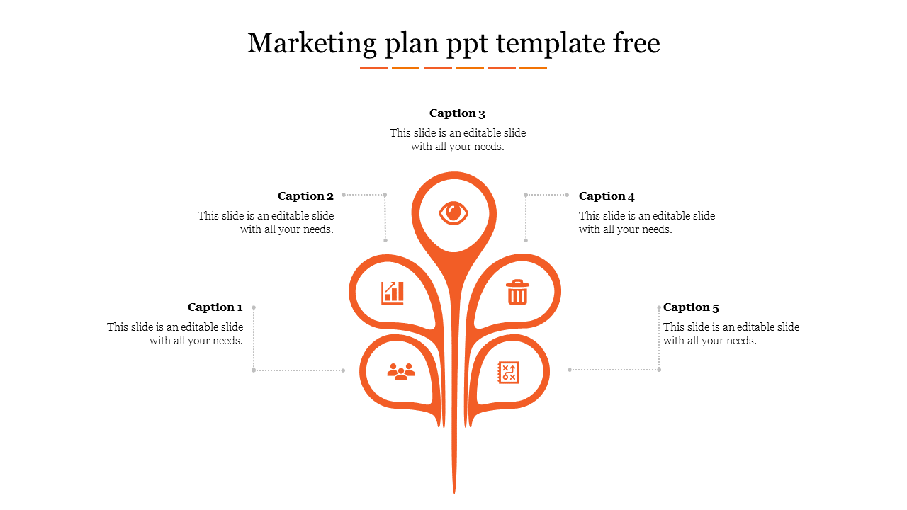 Marketing plan PowerPoint template with an orange abstract infographic design with icons and captions on a white backdrop.