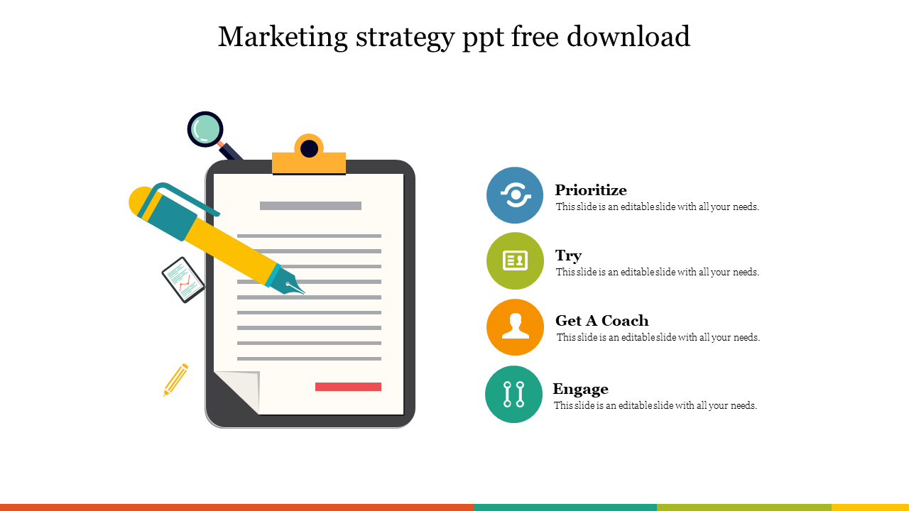 Marketing strategy diagram featuring four colored icons representing different steps and placeholder text.