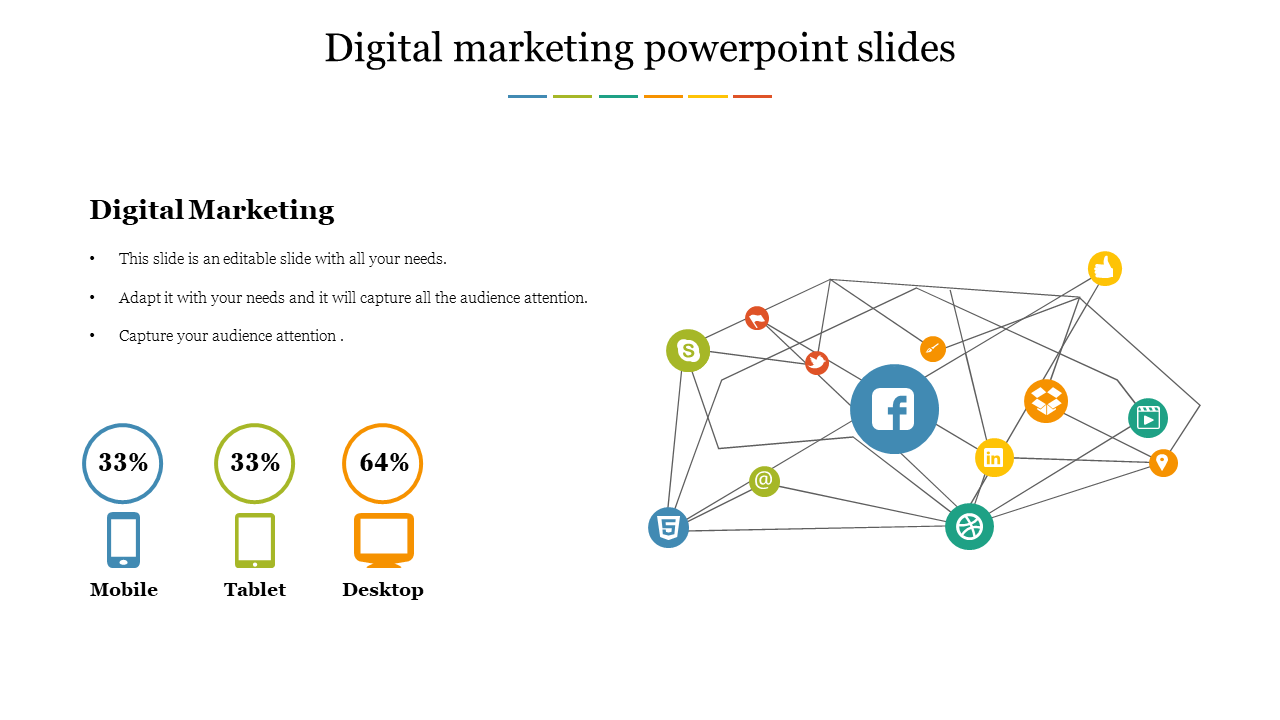 Digital marketing slide with a network of icons linked by lines, and device usage stats in blue, green, and orange.