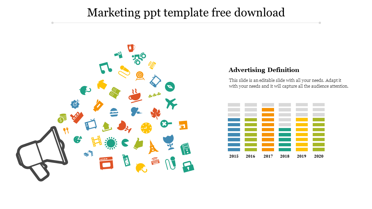 Slide with marketing icons emerging from a megaphone and a bar chart showcasing advertising definitions from 2015 to 2020.