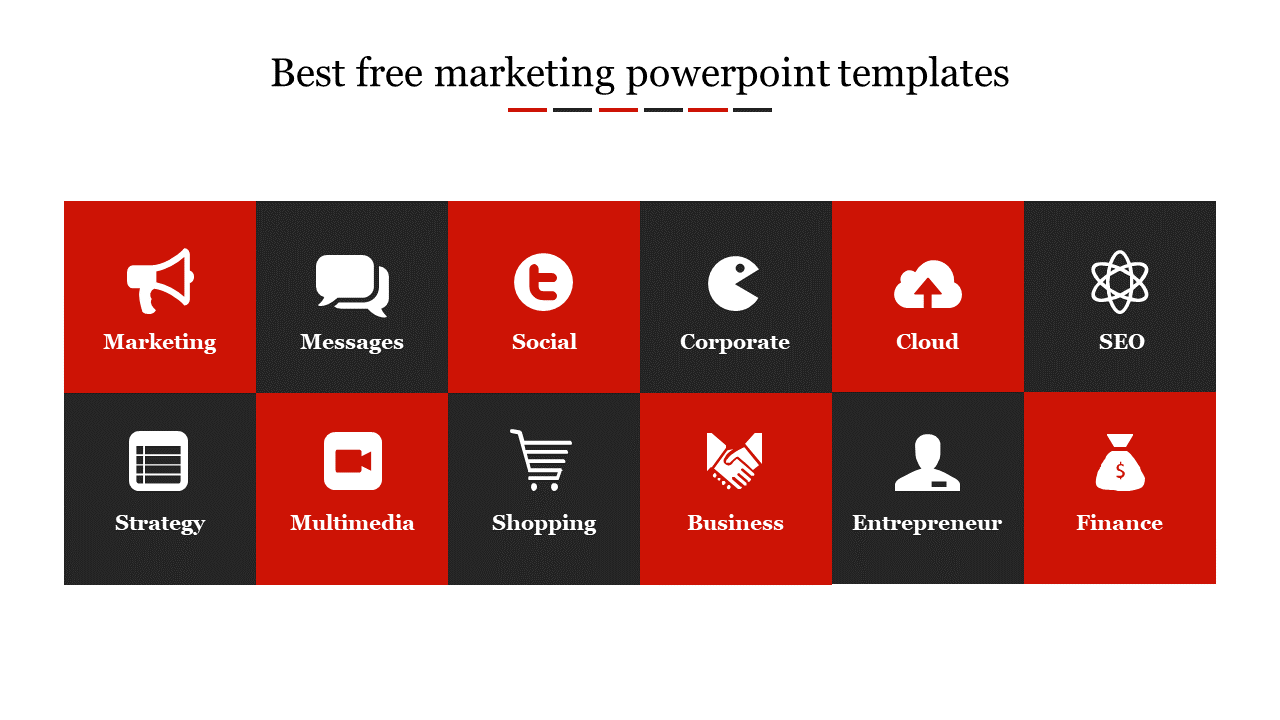 Red and black grid layout of marketing template icons from marketing to finance.