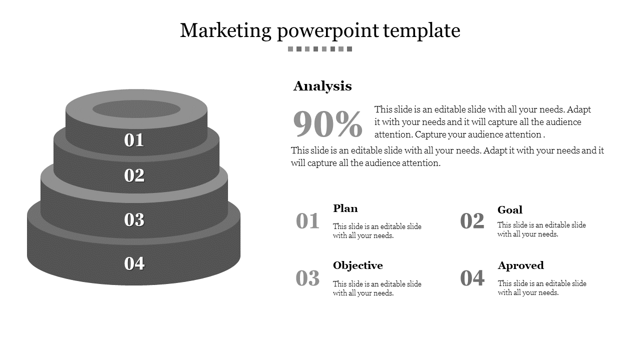 Gray 3D tiered infographic with four stacked circular levels labeled 01 to 04, with analysis text and descriptions below.