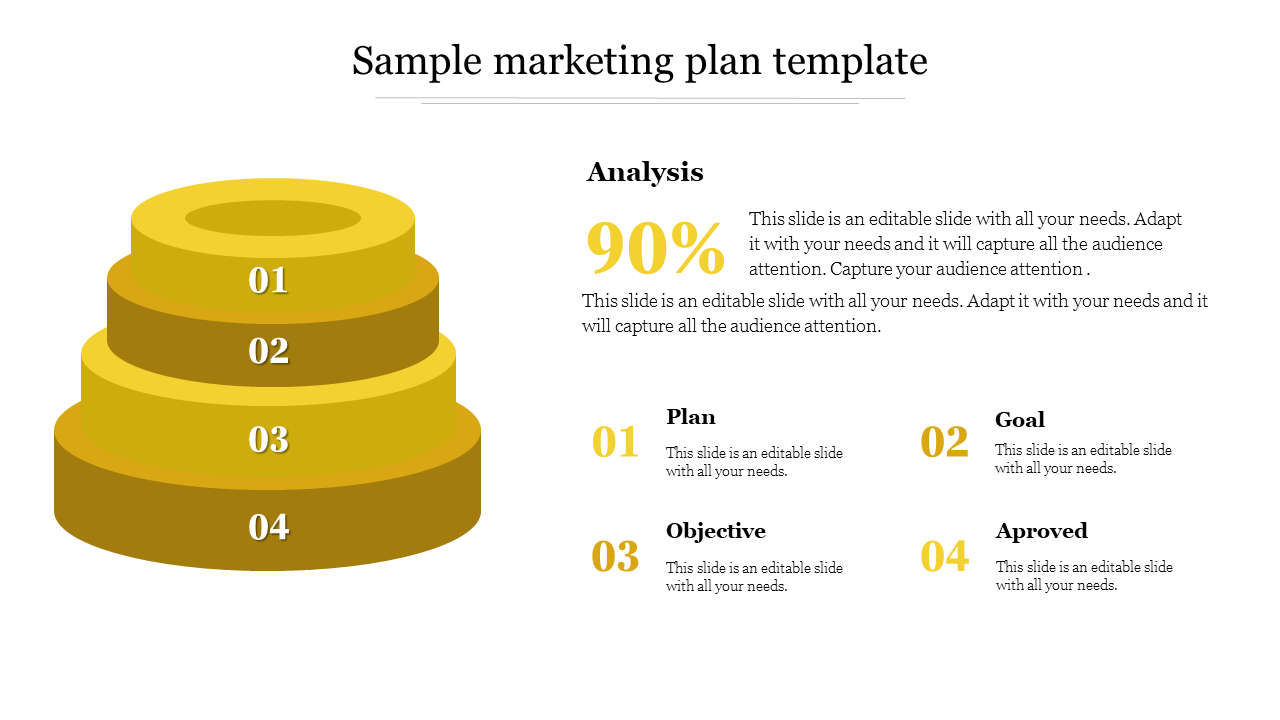 Marketing plan slide featuring a tiered gold structure and analysis percentage with labeled sections.