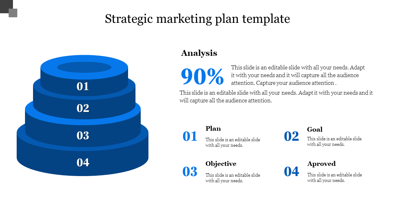 Marketing plan template showing a four-tier pyramid diagram with numerical labels and related captions areas.