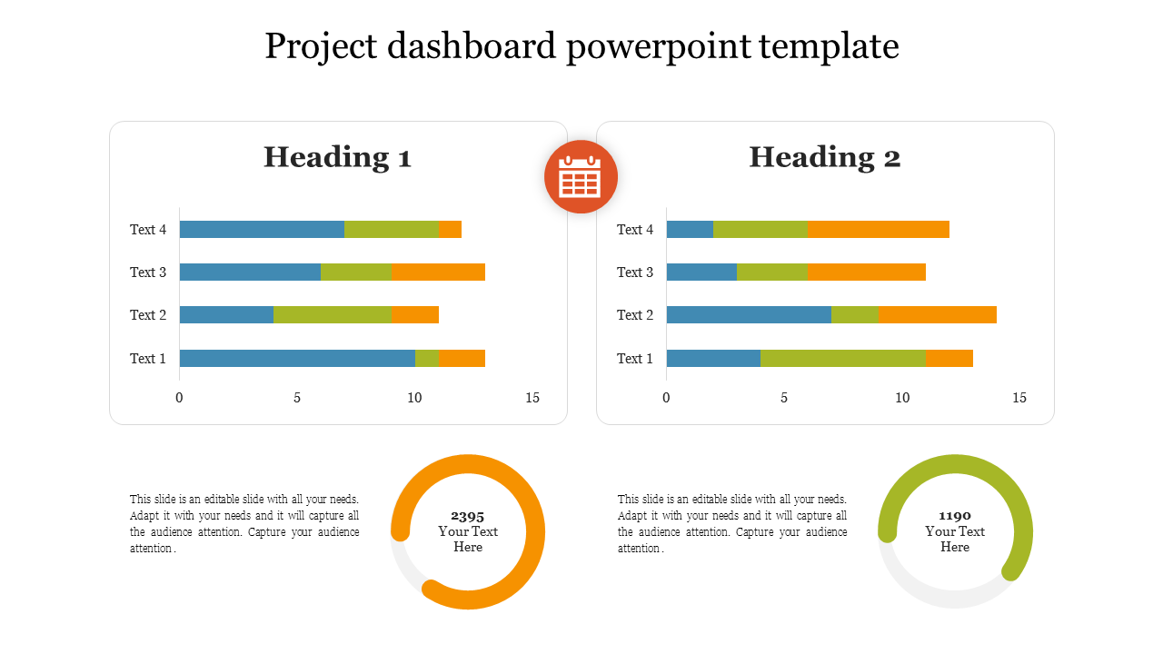 Dashboard template with two horizontal bar charts, a calendar icon, and circular progress indicators in orange and green.