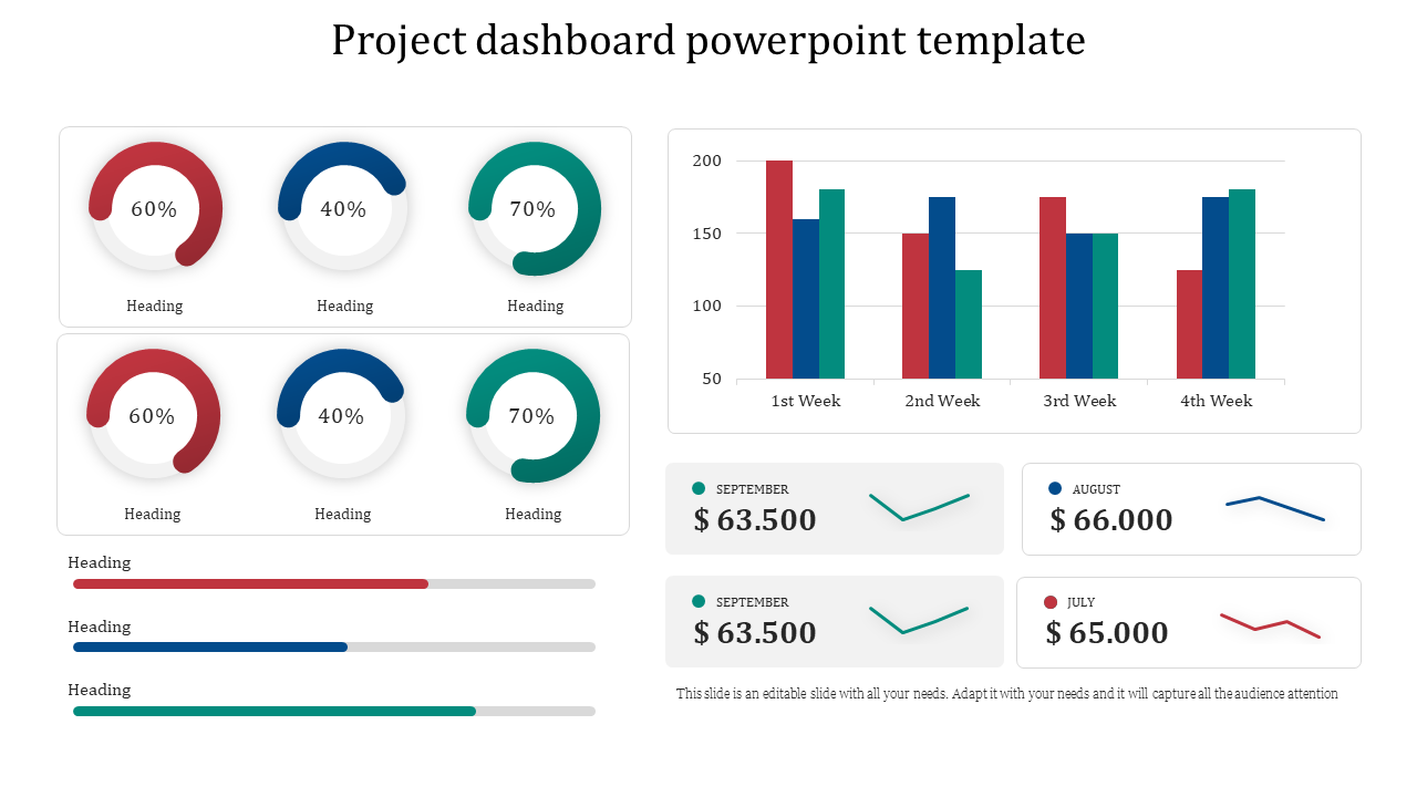 Comprehensive project dashboard template with progress charts, data bars, and financial performance indicators.