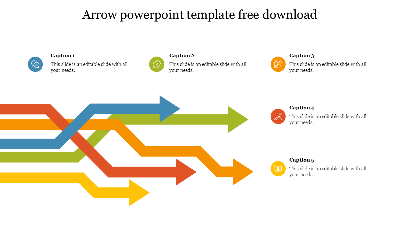 Five overlapping arrows in red, blue, green, orange, and yellow point right, with matching captions listed to the side.