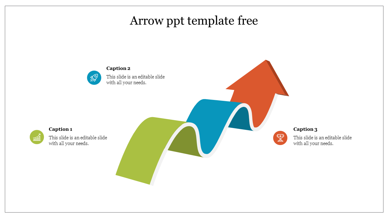 3D wavy arrow infographic in green, blue, and red, representing a growth path with three labeled captions.