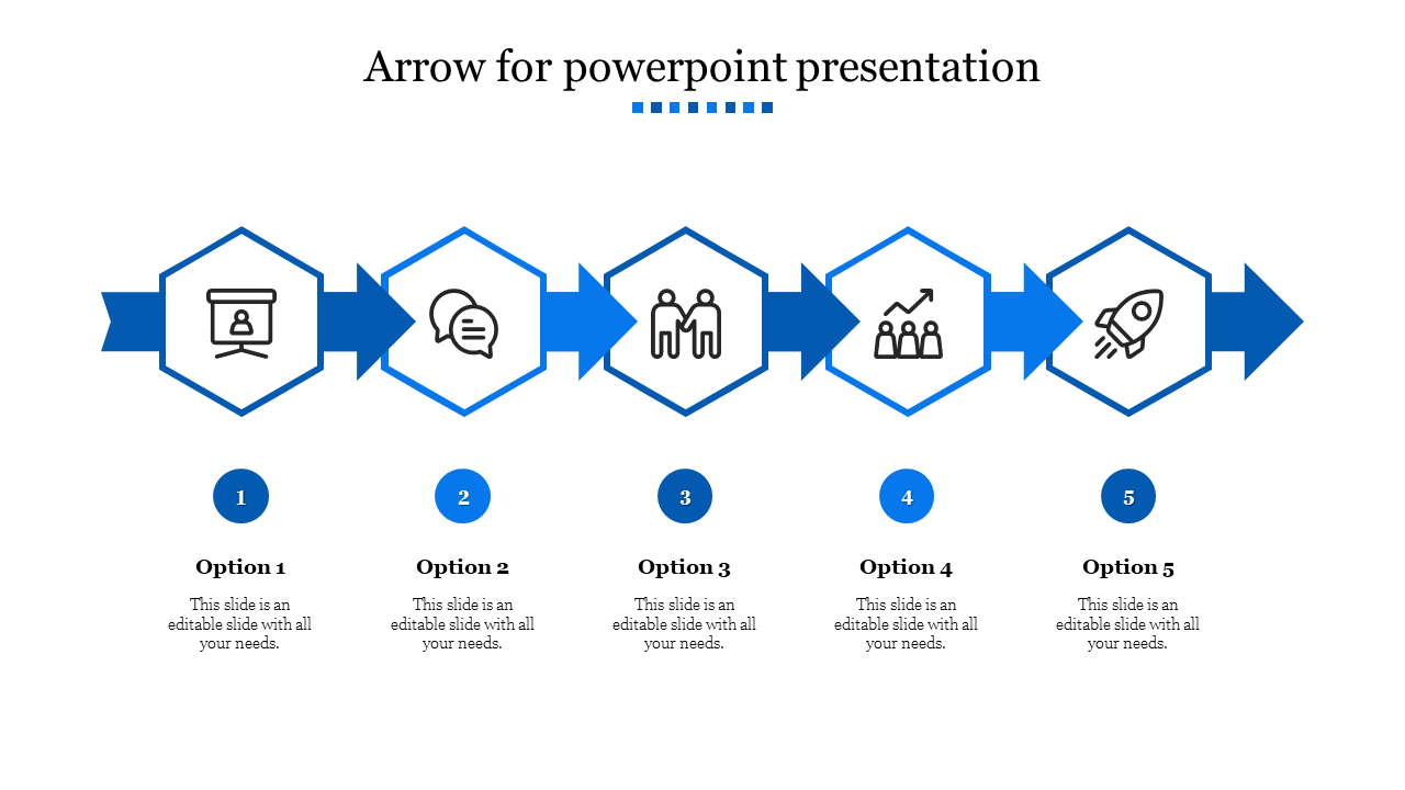 Arrow template with five hexagonal icons in a blue color scheme, depicting a business flow with numbered captions below.