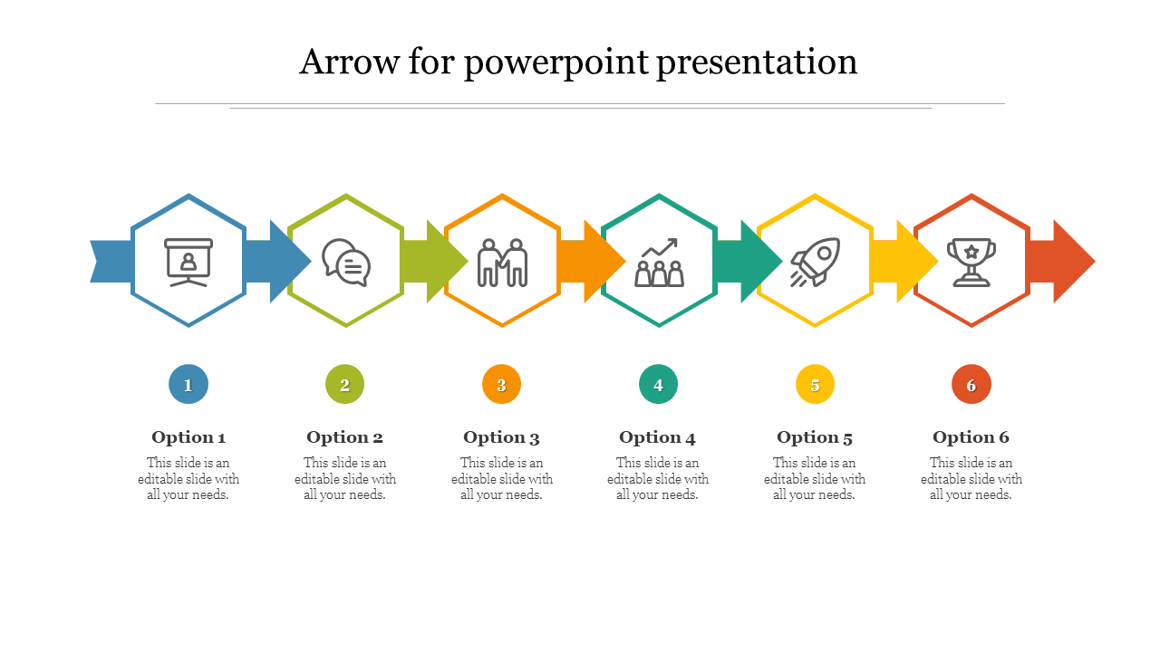 Six step arrow infographic with hexagonal icons in blue, green, orange, teal, yellow, and red, with numbered options below.