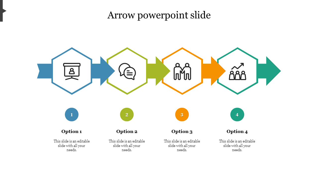 Arrow PPT slide with four colored hexagonal icons, each representing different stages of a process with placeholder text.