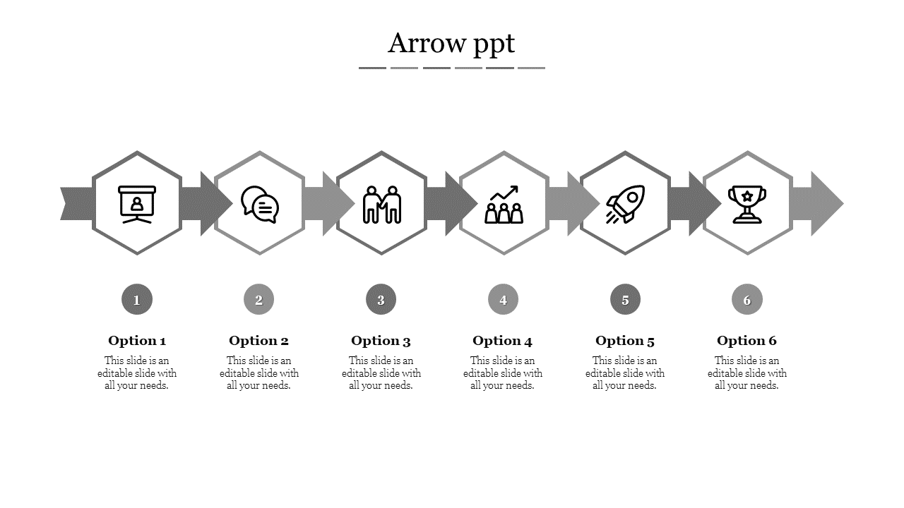 Six step template with gray arrows and icons in hexagonal shapes, each representing numbered captions below.