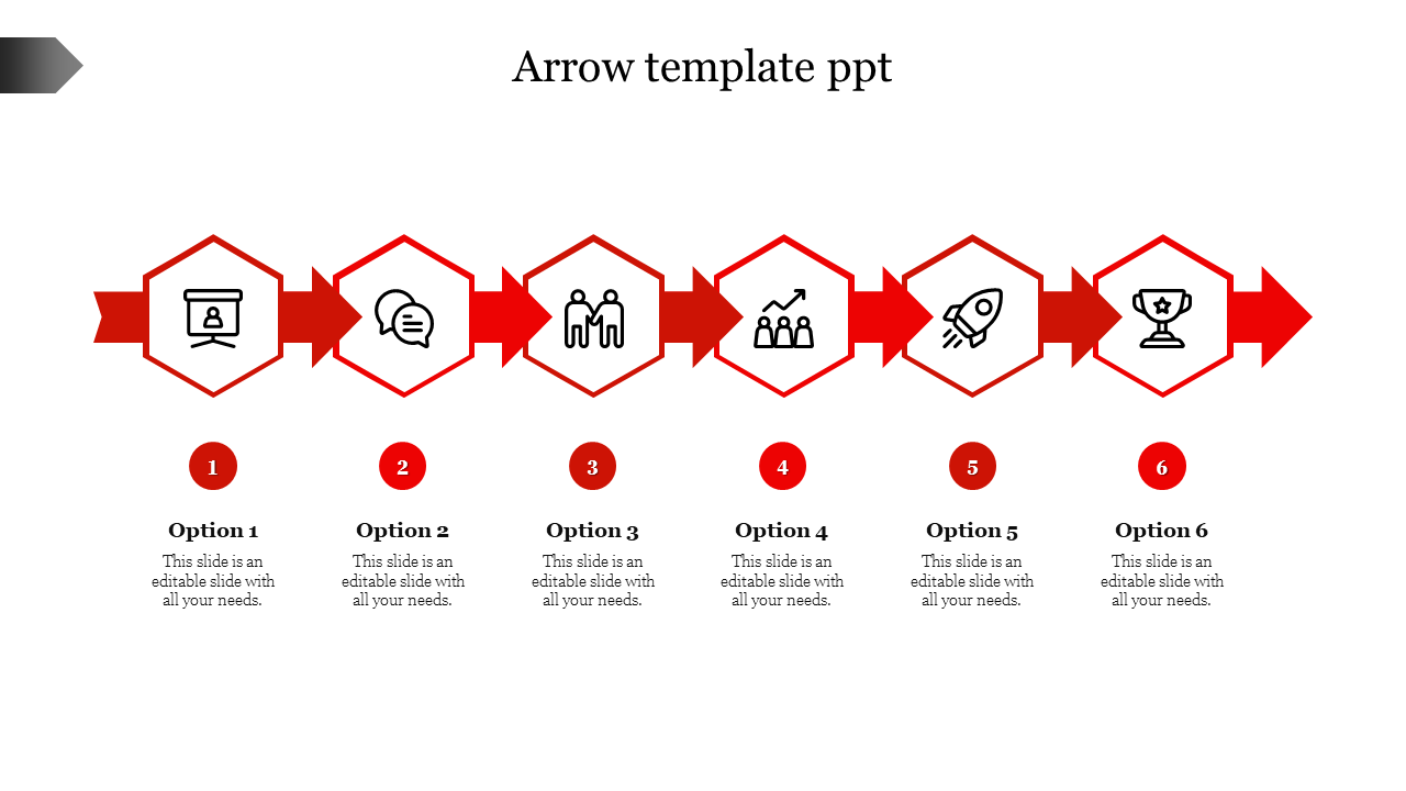 Slide with six red arrows and hexagonal markers, featuring icons symbolizing different stages.