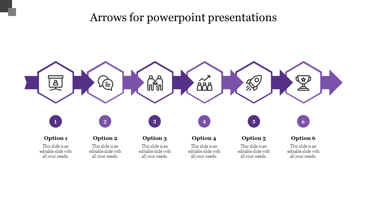 Purple Arrows PowerPoint template with six steps, each represented by a unique icon with placeholder text.