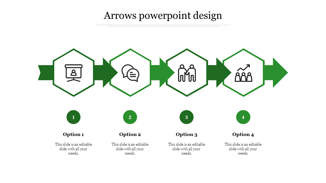 Four step green arrow PowerPoint template with icons representing stages in a process.