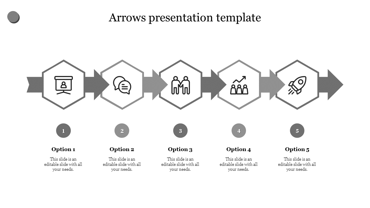 Five gray arrow flowchart with hexagonal icons, illustrating various stages with numbered captions below.