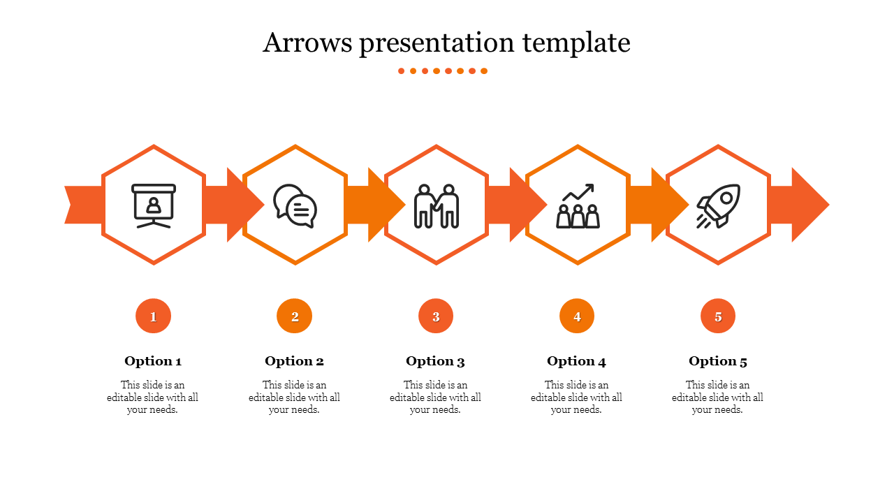 Five step process diagram slide with orange arrows and hexagonal icons illustrating a structured workflow.