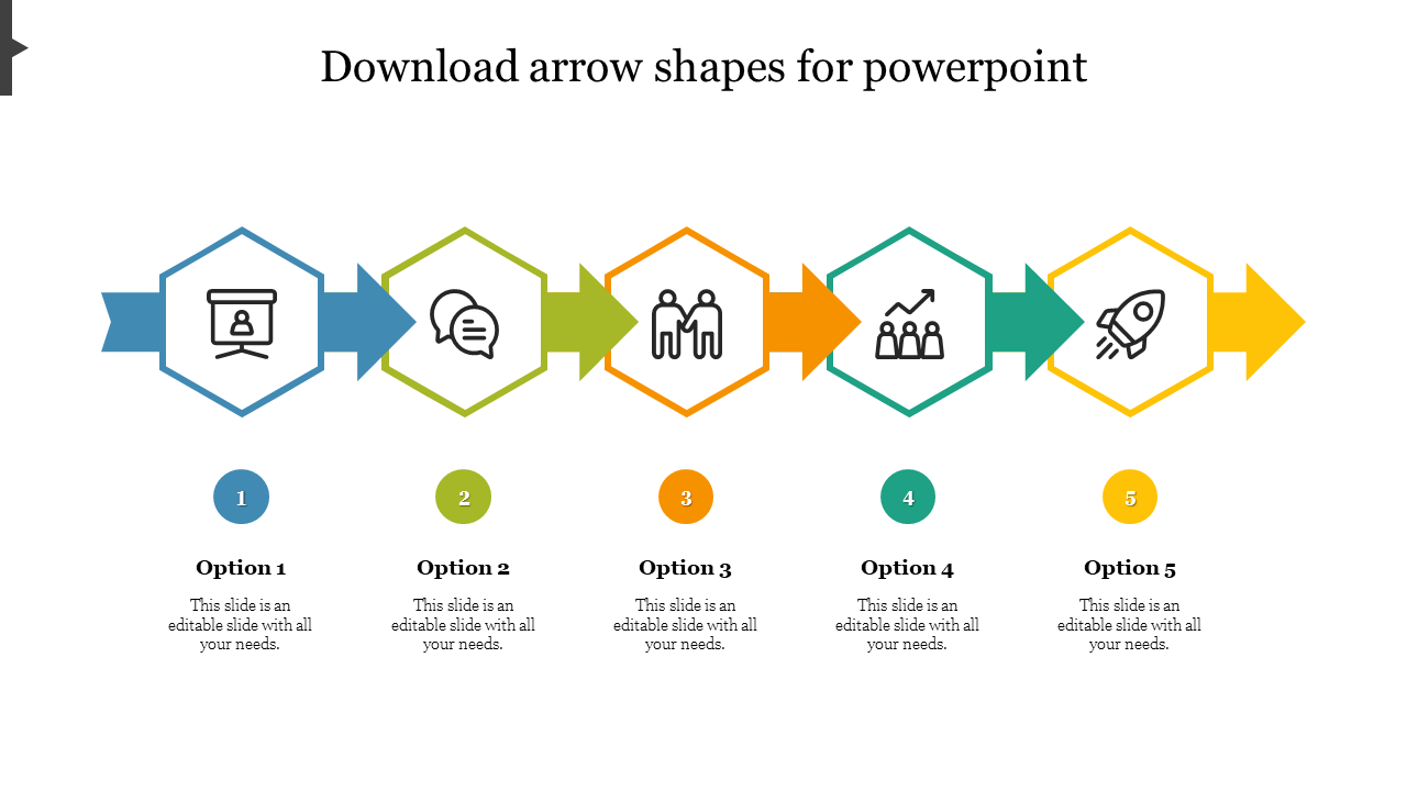 Colorful arrow flow diagram with hexagonal icons in blue, green, orange, teal, and yellow, with matching captions below.